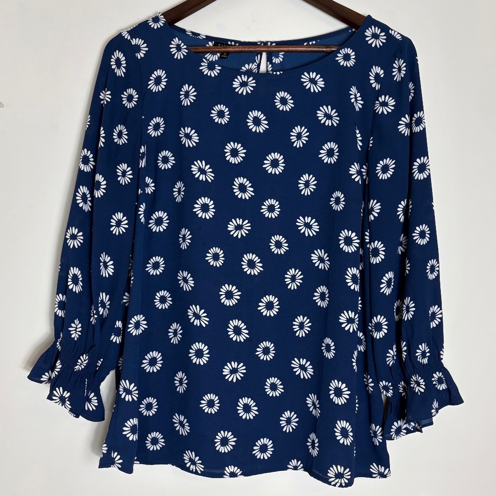 Talbots Navy White Daisy Floral Print Top Size M 100% Polyester